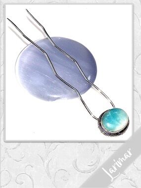 Larimar Large Eclectic Silver Artisan Hair Pin 4.2” Aqua / Turquoise Blue, White